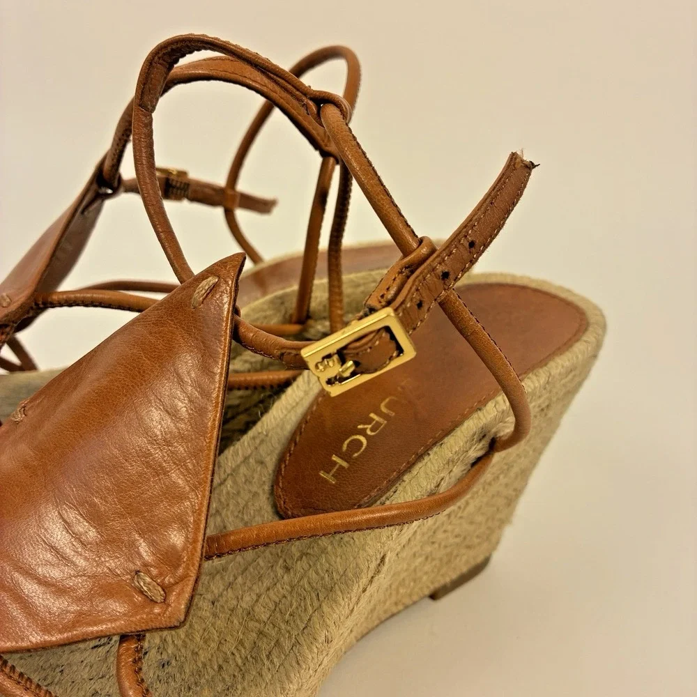 Tory Burch Brown Diamond Patch Espadrille Wedge Strappy Sandal Women's Size 7